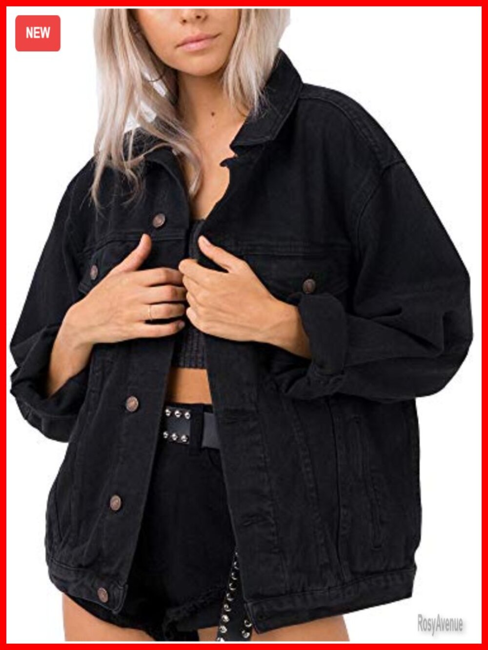 Oversized Cotton Denim Jacket Button Up 4 Pocket Floral